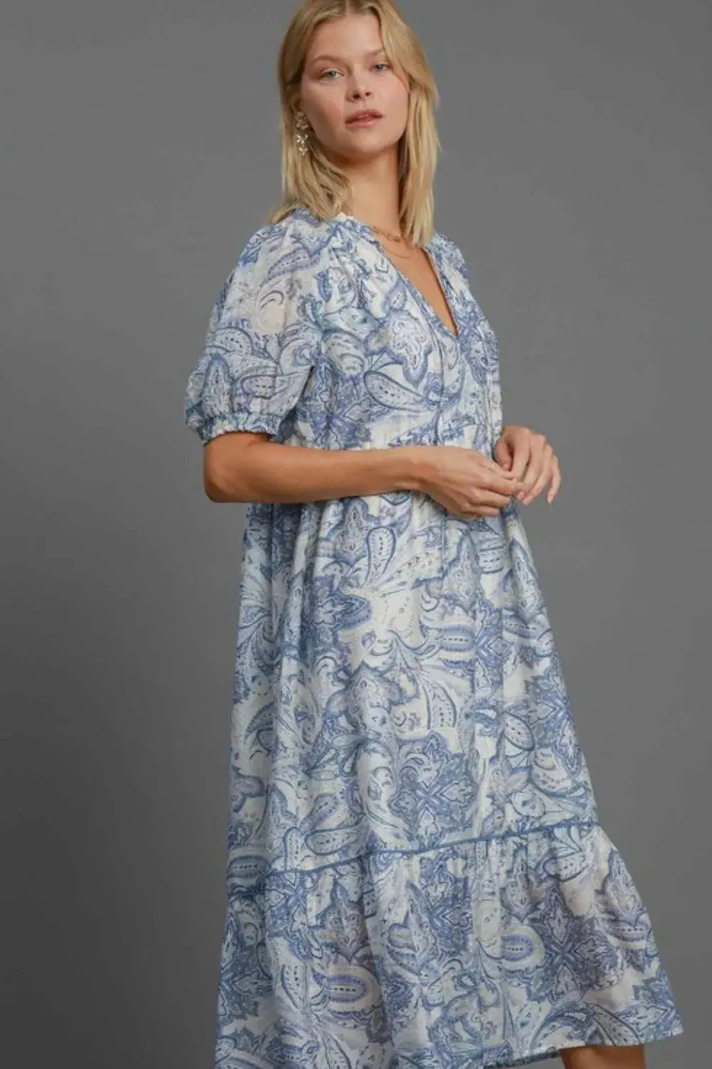 Umgee Full Size Printed Puff Short Sleeve Midi Dress Plus Size by Umgee