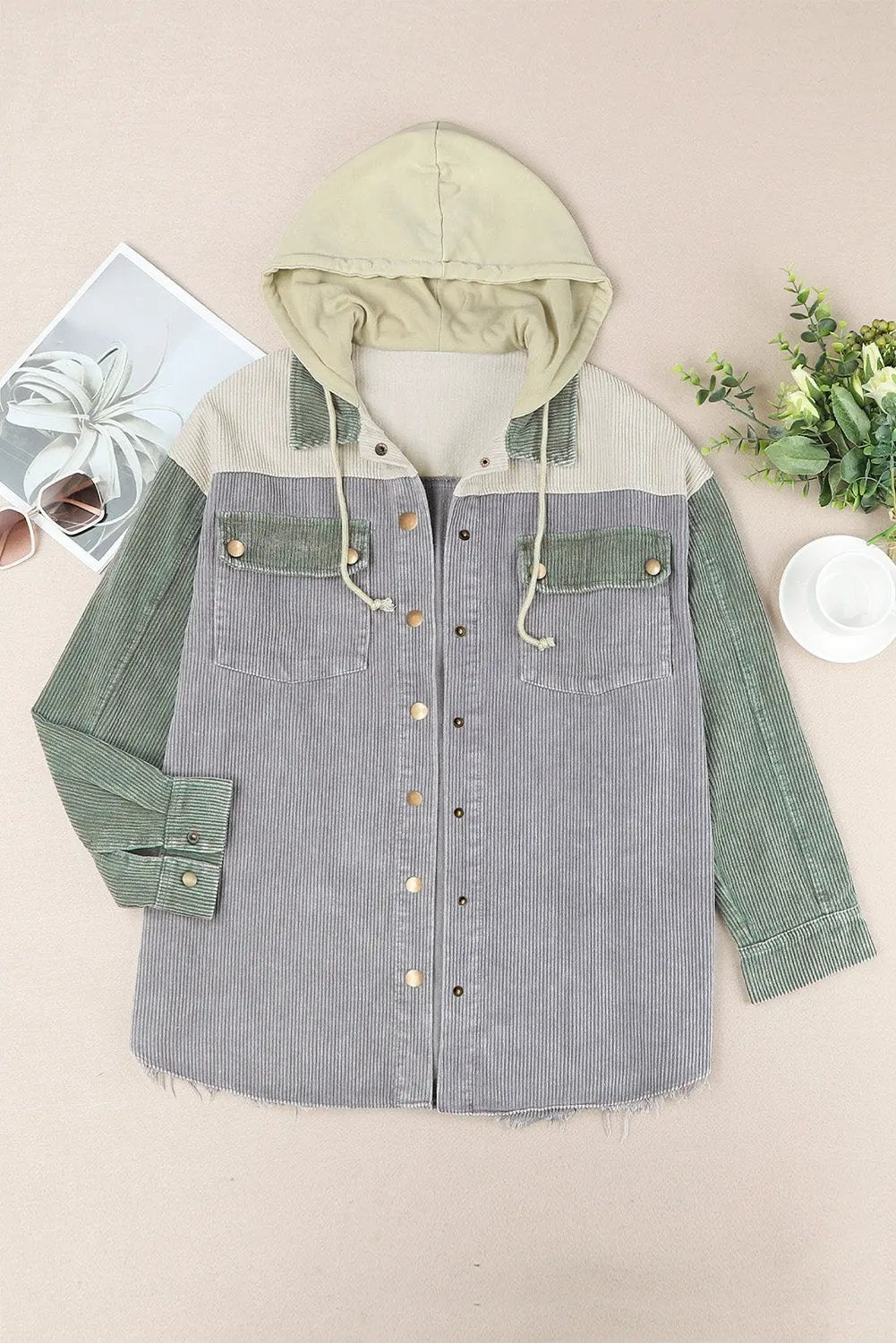 Snap Front Hooded Corduroy Shacket by Partner Label