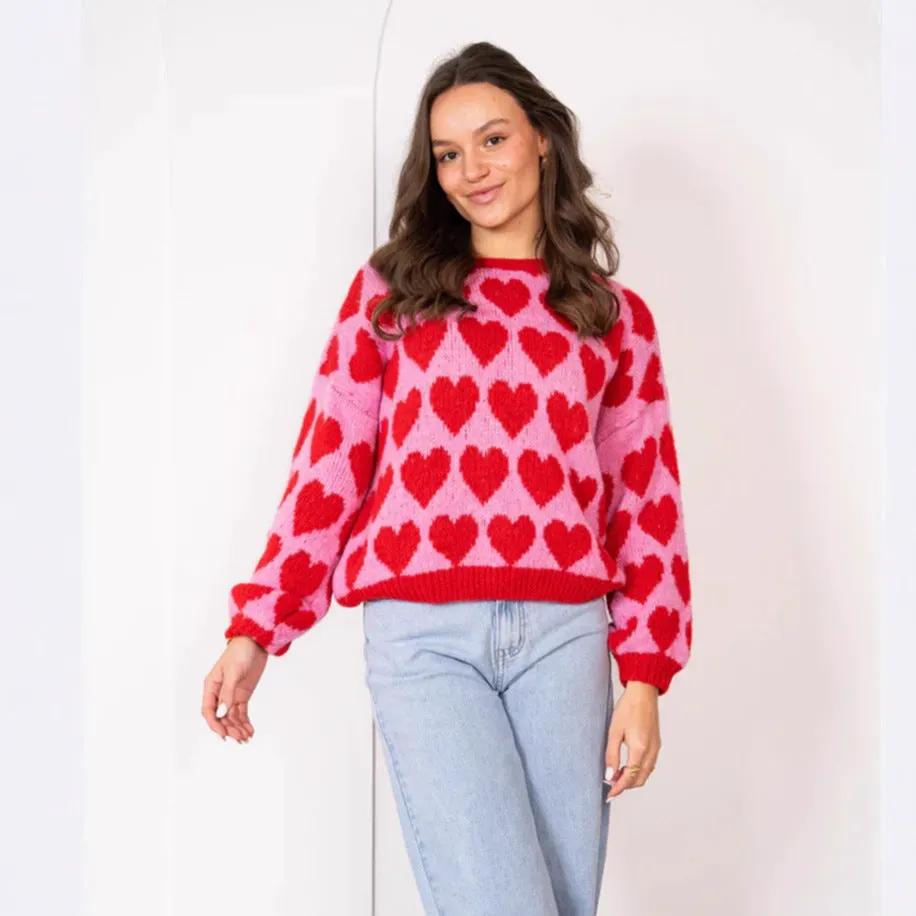 Heart Jacquard Color Contrast Short Knitted Valentine's Day Sweater by Maiden-Art