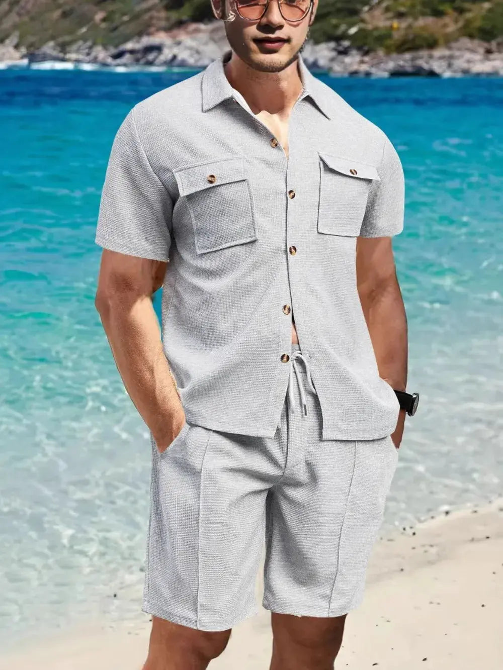Men's Full Size Button Down Short Sleeve Top and Shorts Set Plus Size by Trendsi