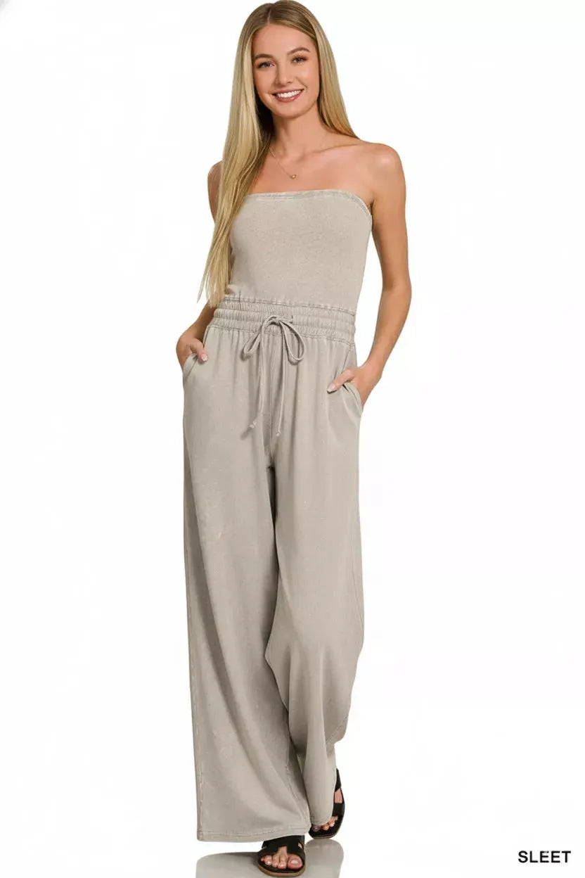 Zenana Acid Washed Strapless Tube Top Jumpsuit by Zenana