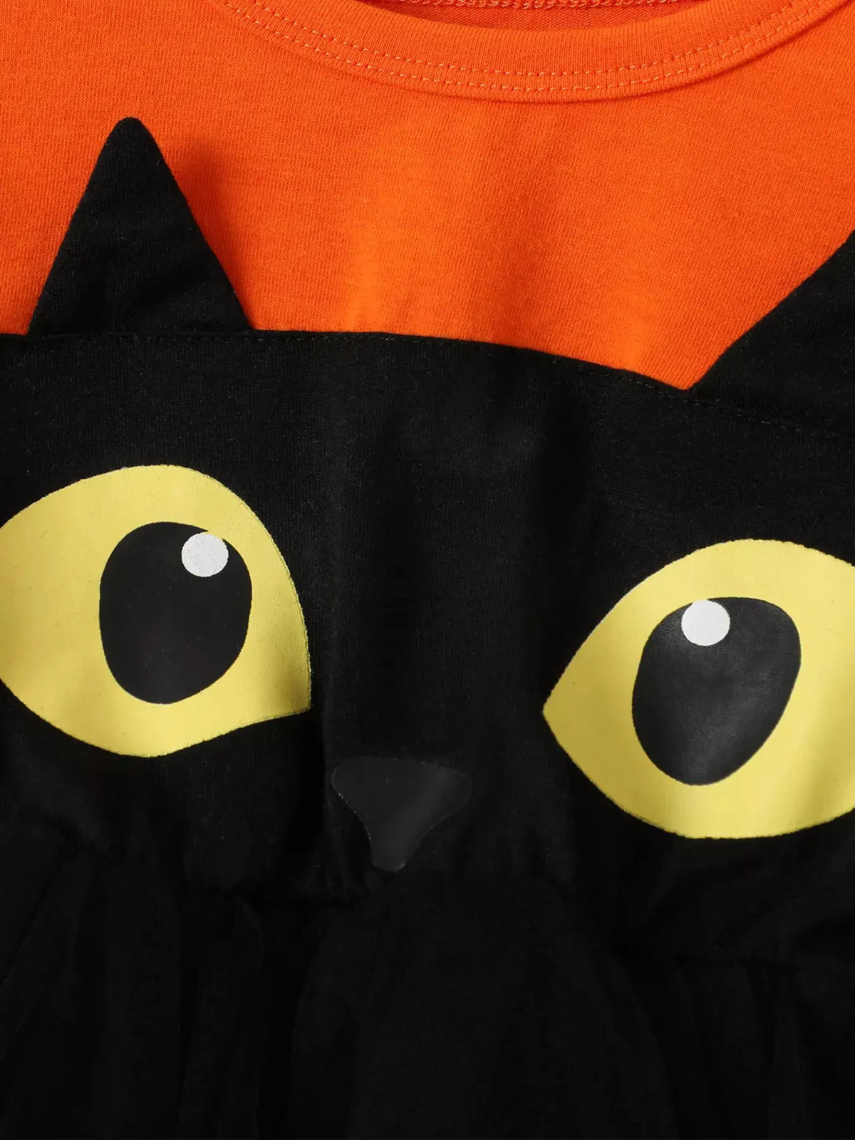 Children's Halloween Cat Eye Ruffle Tulle Dress by Trendsi
