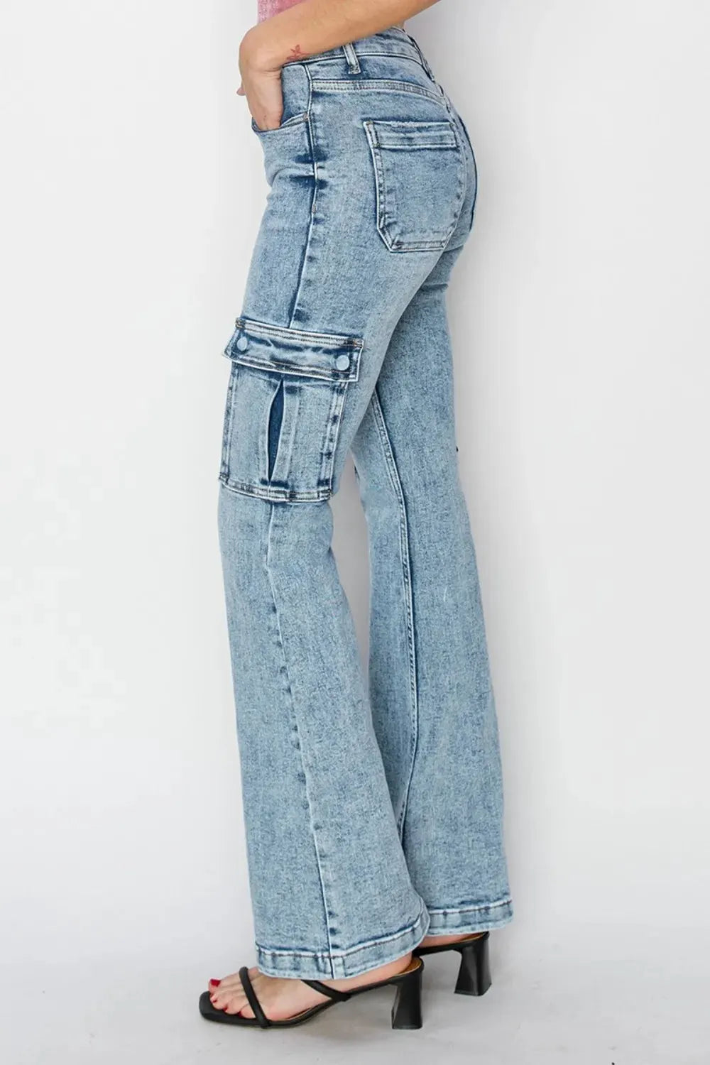 RISEN Full Size High Rise Cargo Flare Jeans by RISEN