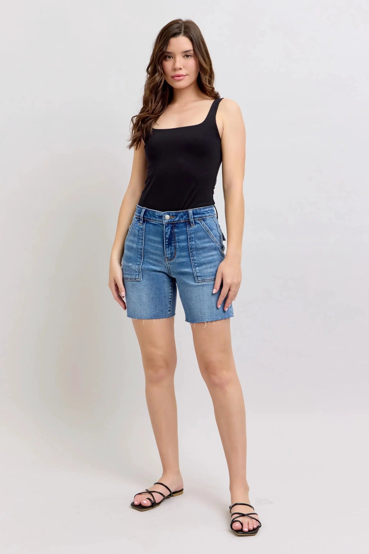 Judy Blue Full Size Mid Rise Bermudas Denim Shorts W/ Back Flap Pockets Plus Size by Judy Blue