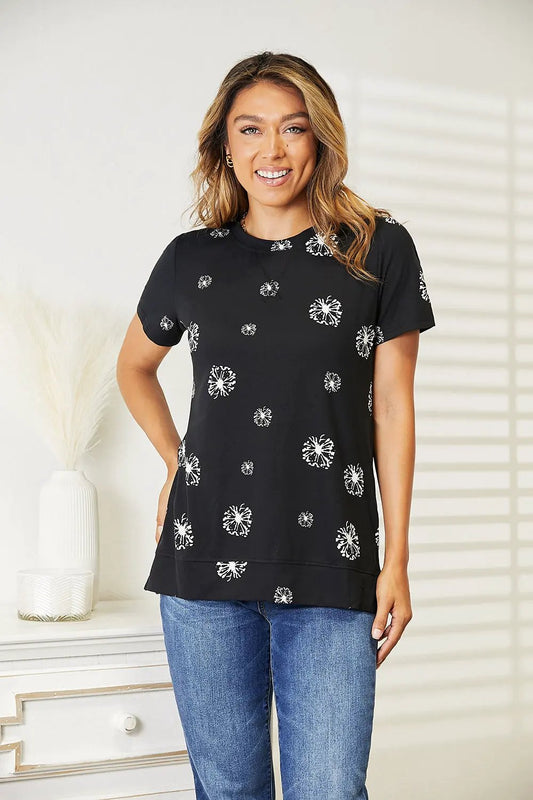 Double Take Dandelion Print Round Neck T-Shirt by Partner Label