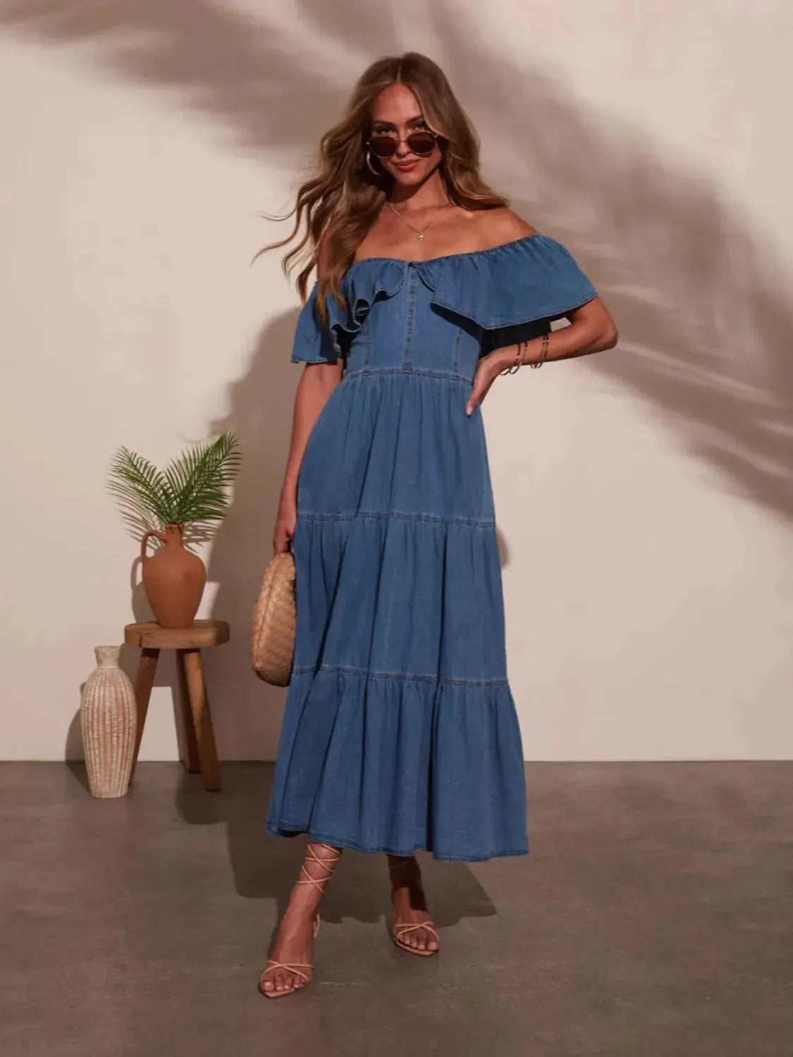 Off Shoulder Ruffle Tiered Denim Dress by Partner Label