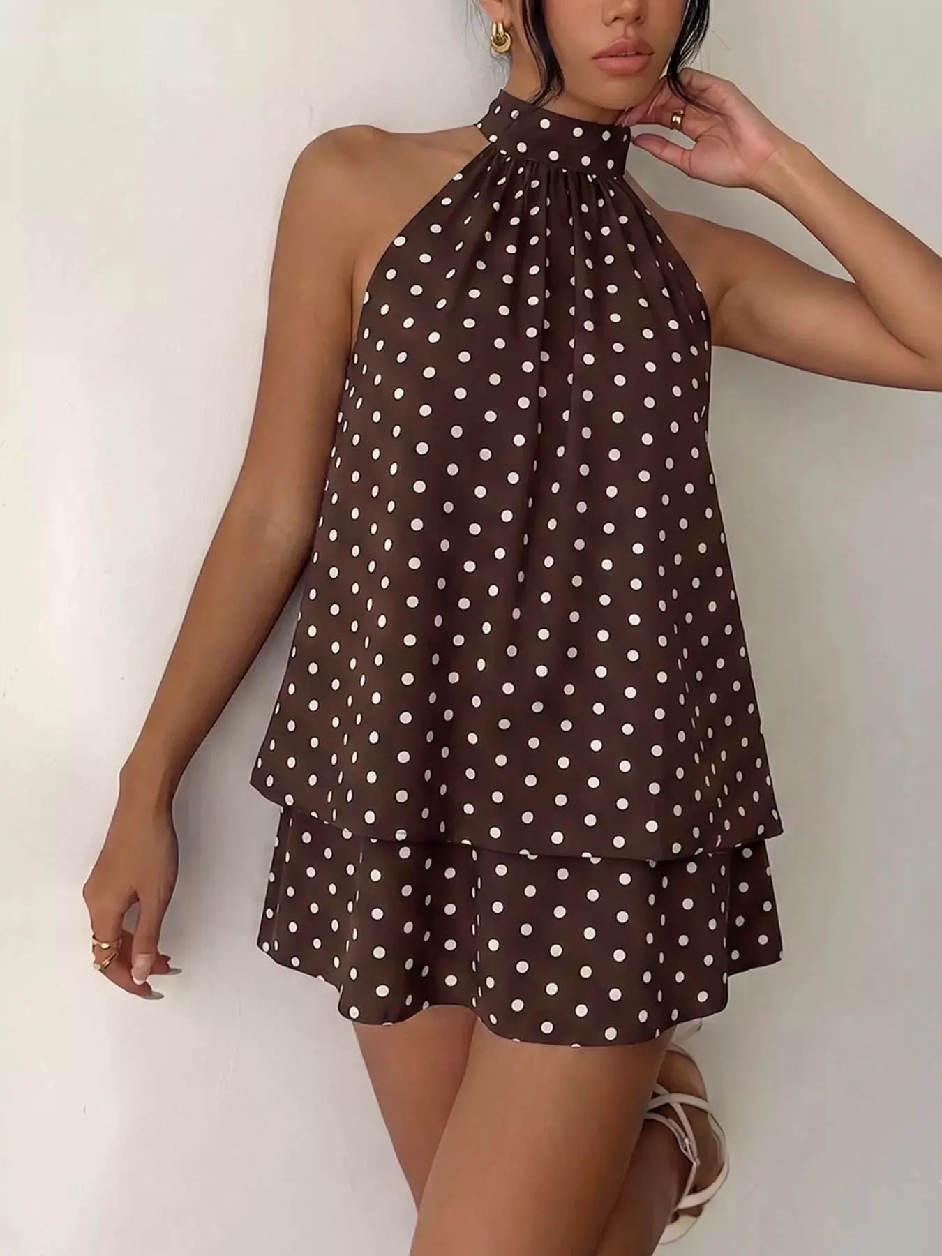 Polka Dot Halter Neck Mini Dress by Trendsi