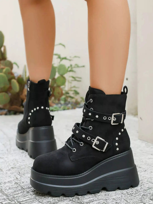 Lace Up Platform Wedge Boots by Partner Label