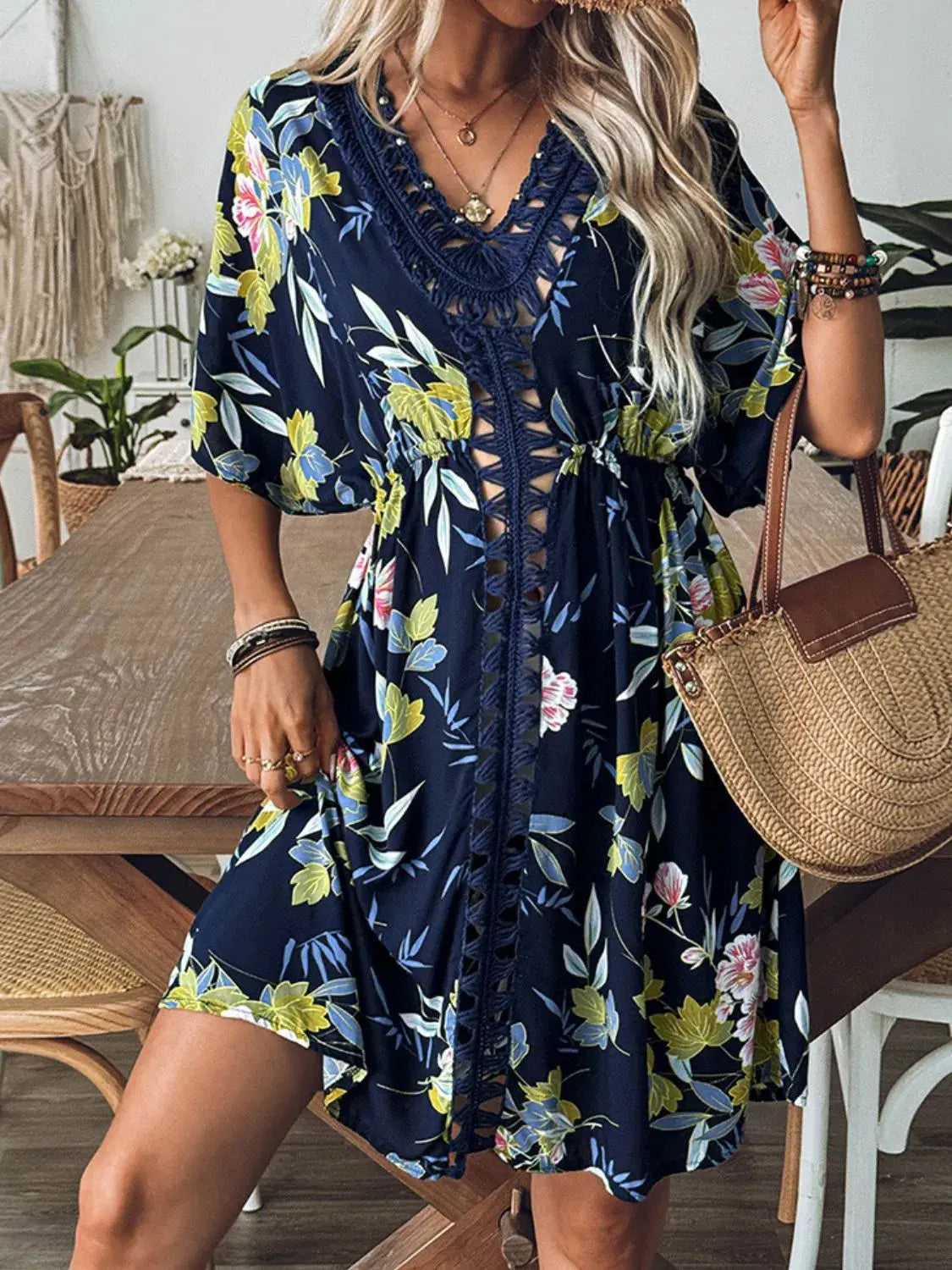 Crochet Front V-Neck Printed Cover-Up by Partner Label