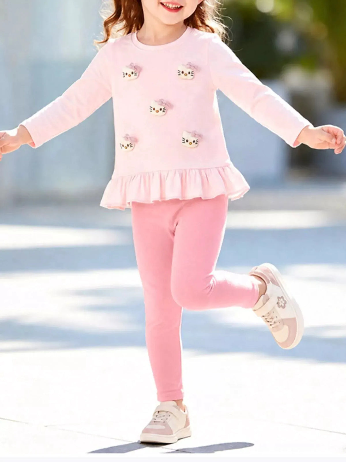 Children's Cat Ruffled Hem Top and Leggings Set by Trendsi