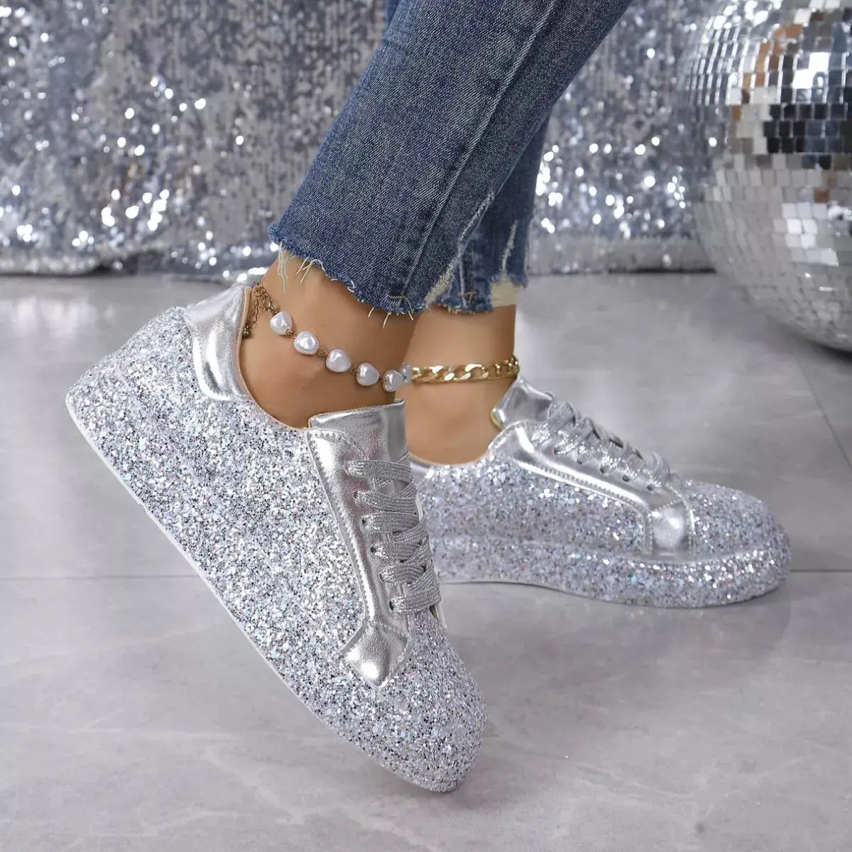 Sequin Lace Up Sneakers by Partner Label