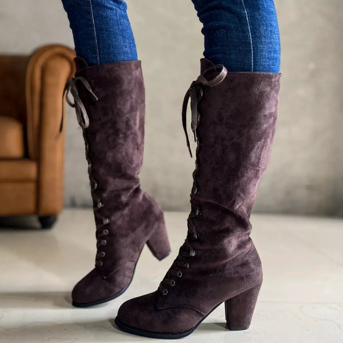 Lace Up Block Heels Boots by Partner Label