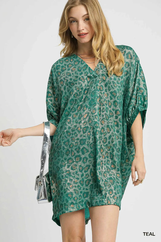 Umgee Metallic Leopard Print V-Neck Kimono Dress by Umgee