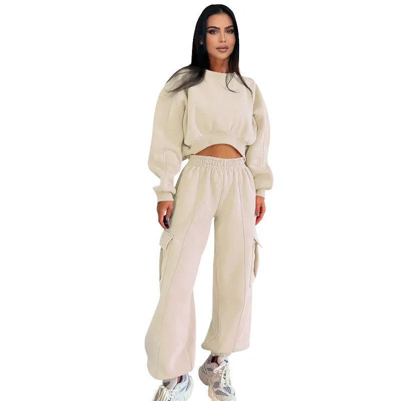 European And American Autumn New Round Neck High Waist Sweater Pocket Loose Sweatpants Suit by Maiden-Art