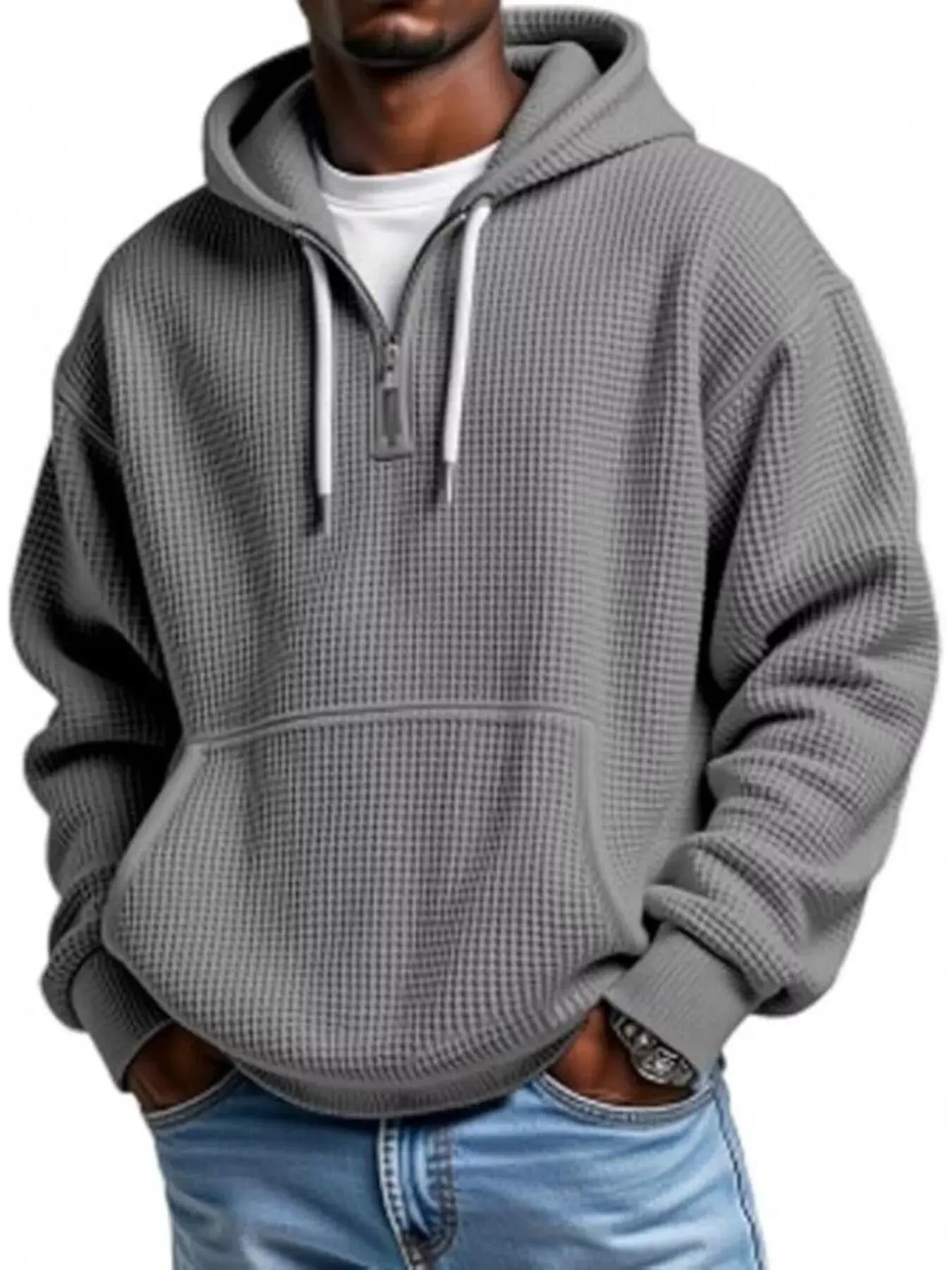 Men's Full Size Waffle Knit Quarter Zip Hoodie Plus Size by Trendsi