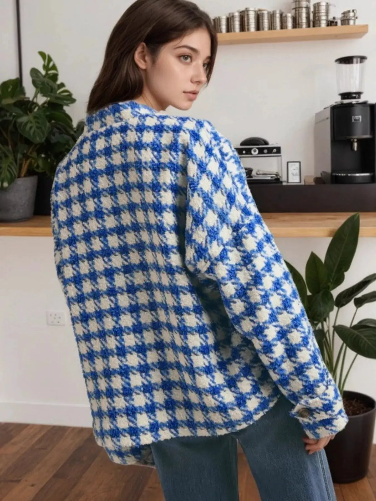 Houndstooth Button Up Long Sleeve Jacket by Partner Label