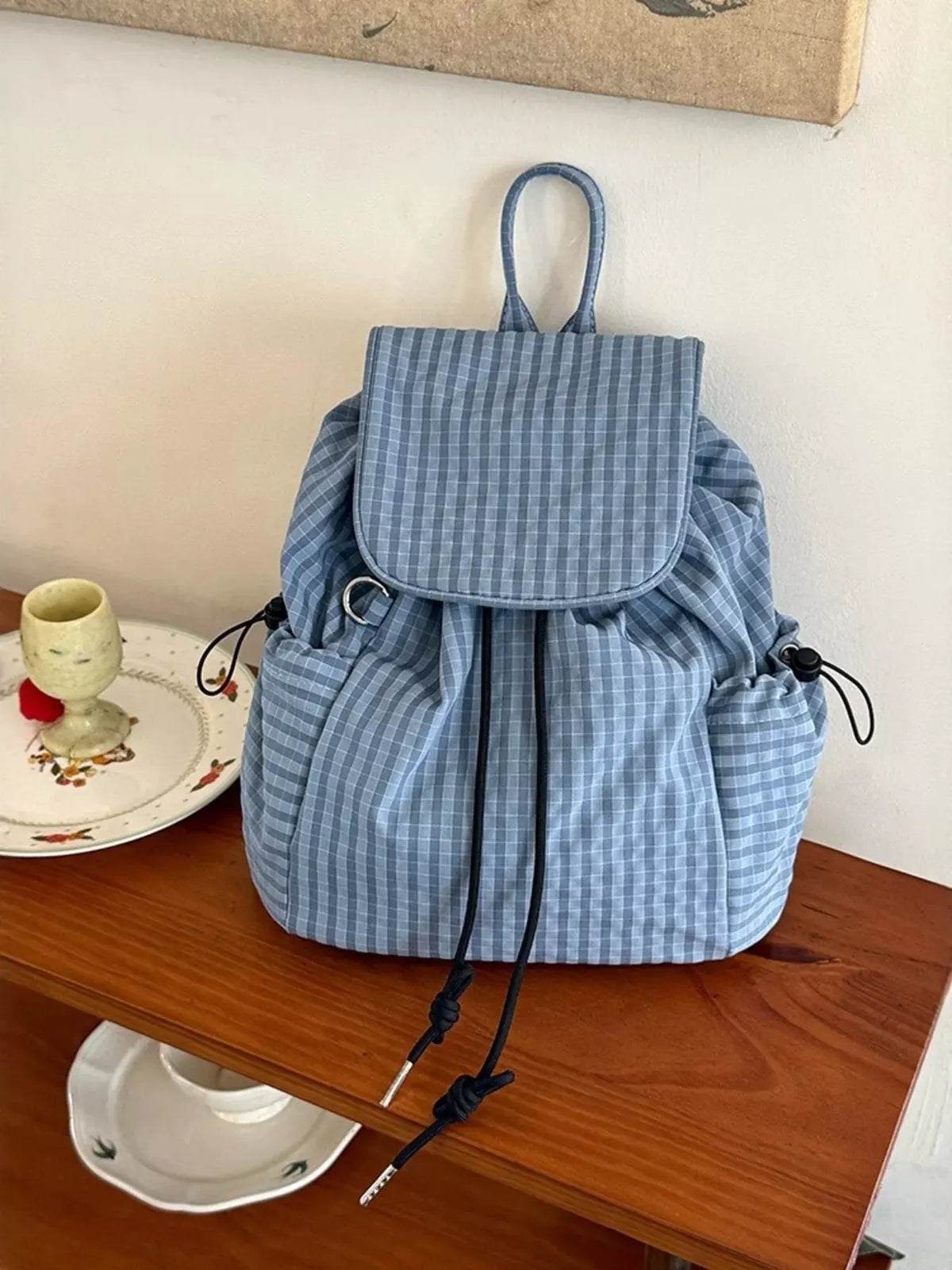 Plaid Drawstring Closure Backpack Bag by Partner Label