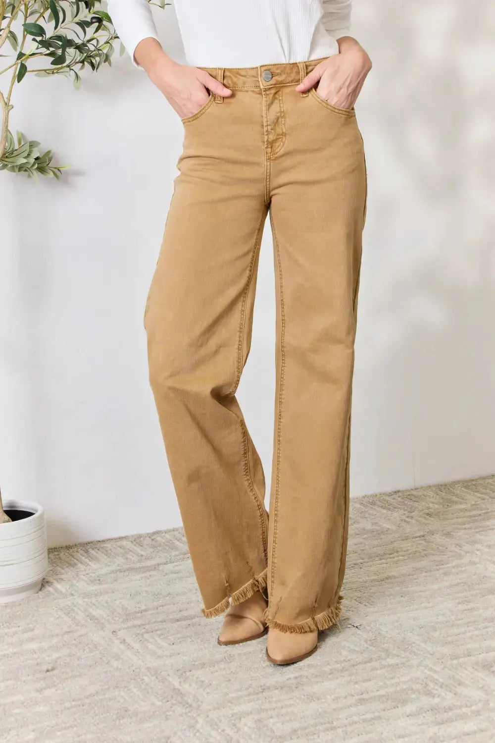 RISEN Full Size Fringe Hem Wide Leg Jeans by RISEN