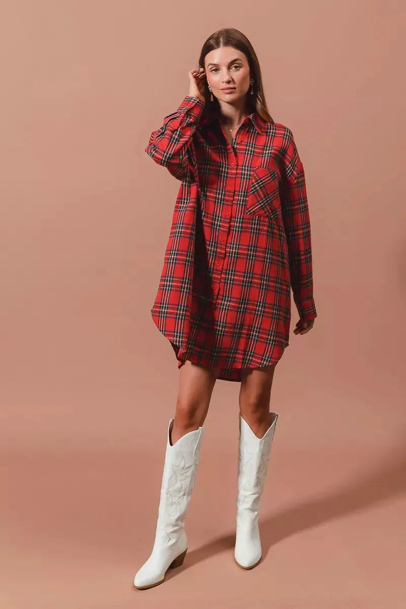 SO ME Christmas Checker Plaid Button Up Shirt Dress by SO ME
