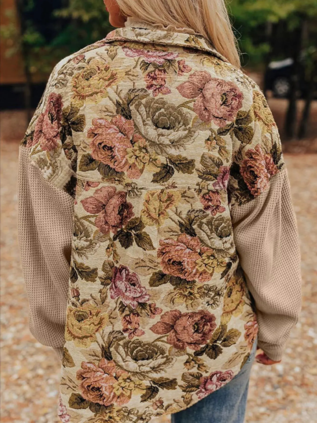 Floral Waffle Knit Patchwork Chest Pockets Buttoned Jacket by Partner Label