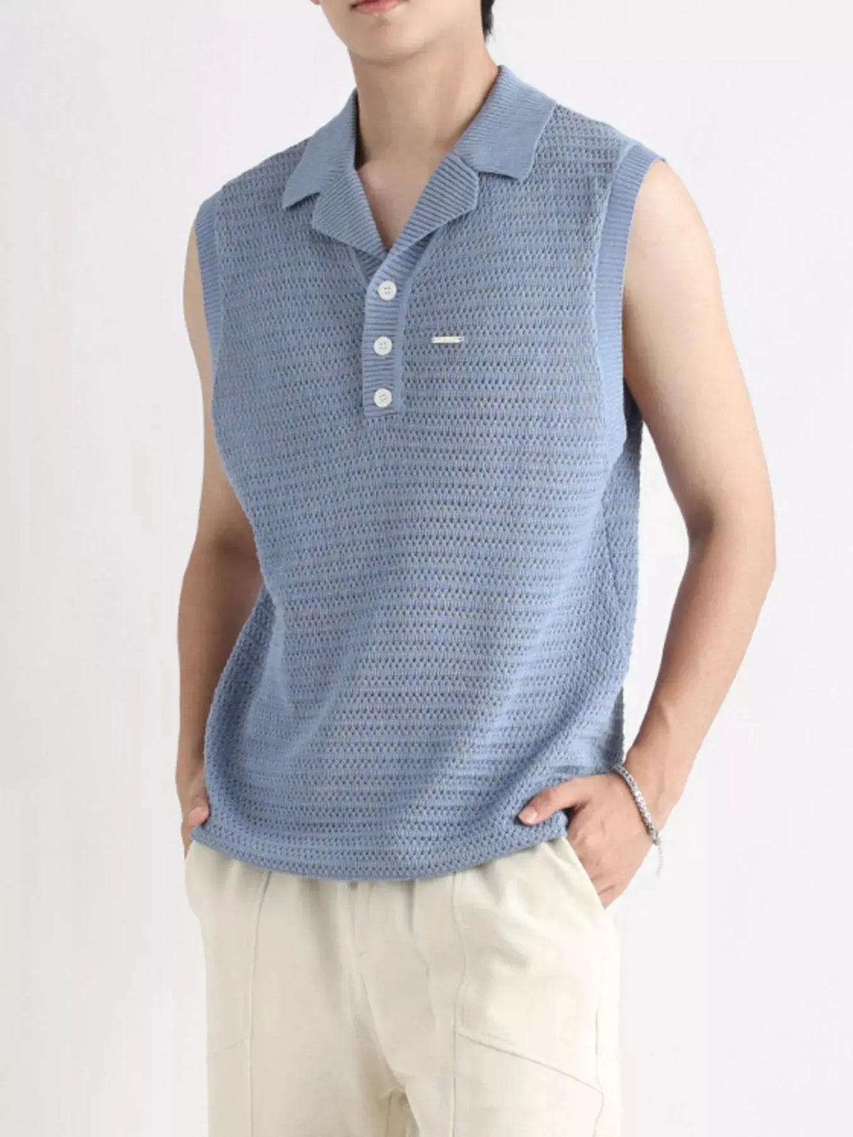Men's Plus Size Breathable Knit Polo Collar Tank by Trendsi