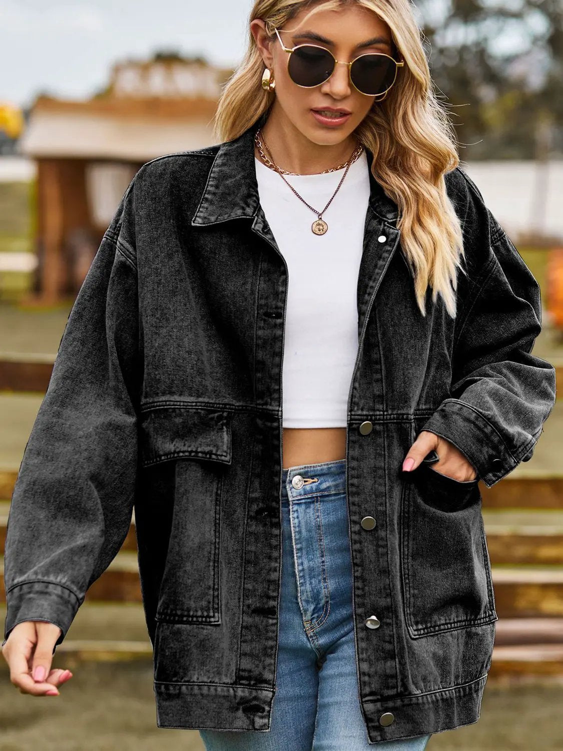 Dropped Shoulder Denim Jacket with Pockets by Partner Label