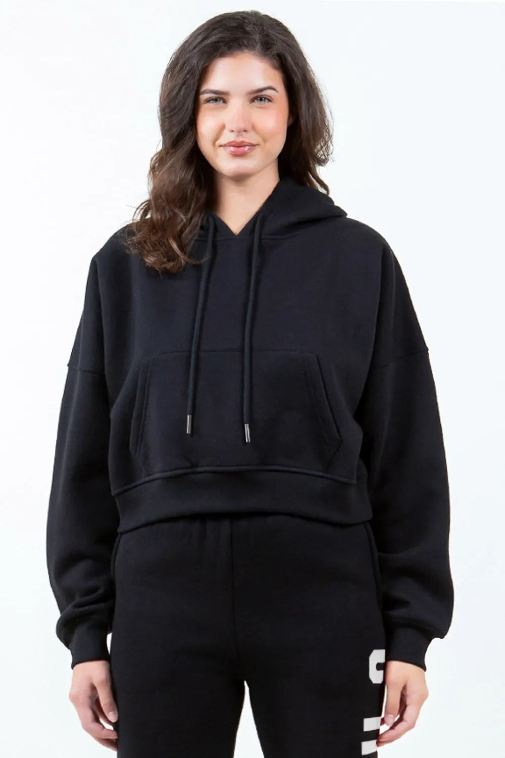 American Bazi Letter Graphic Long Sleeve Drawstring Cropped Hoodie by American Bazi