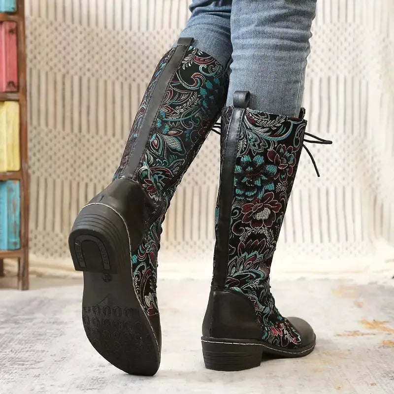 Embroidered Lace-Up Knee High Boots by Partner Label
