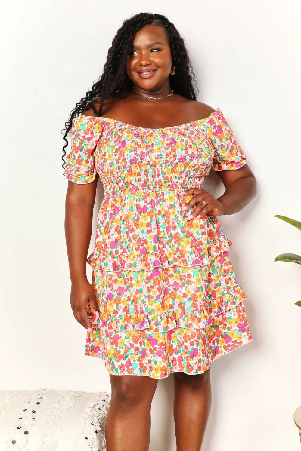 Devine Smocked Sweetheart Neck Flounce Sleeve Mini Dress by Double Take