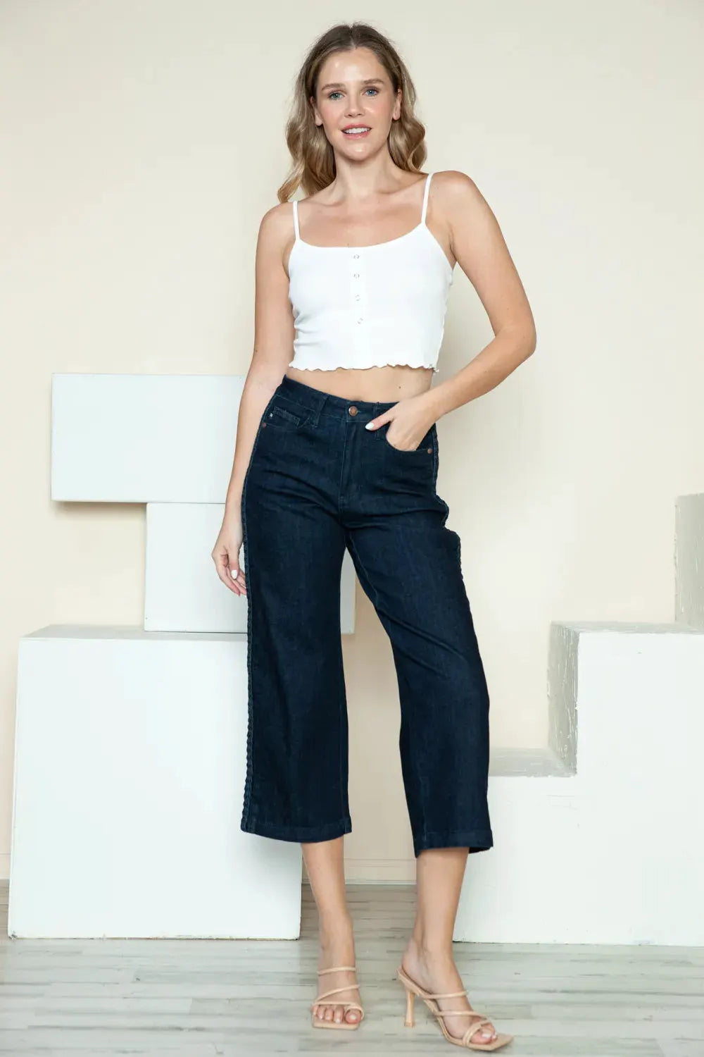 Judy Blue Full Size Side Seam Braid Detail Crop Wide Leg Jeans by Judy Blue