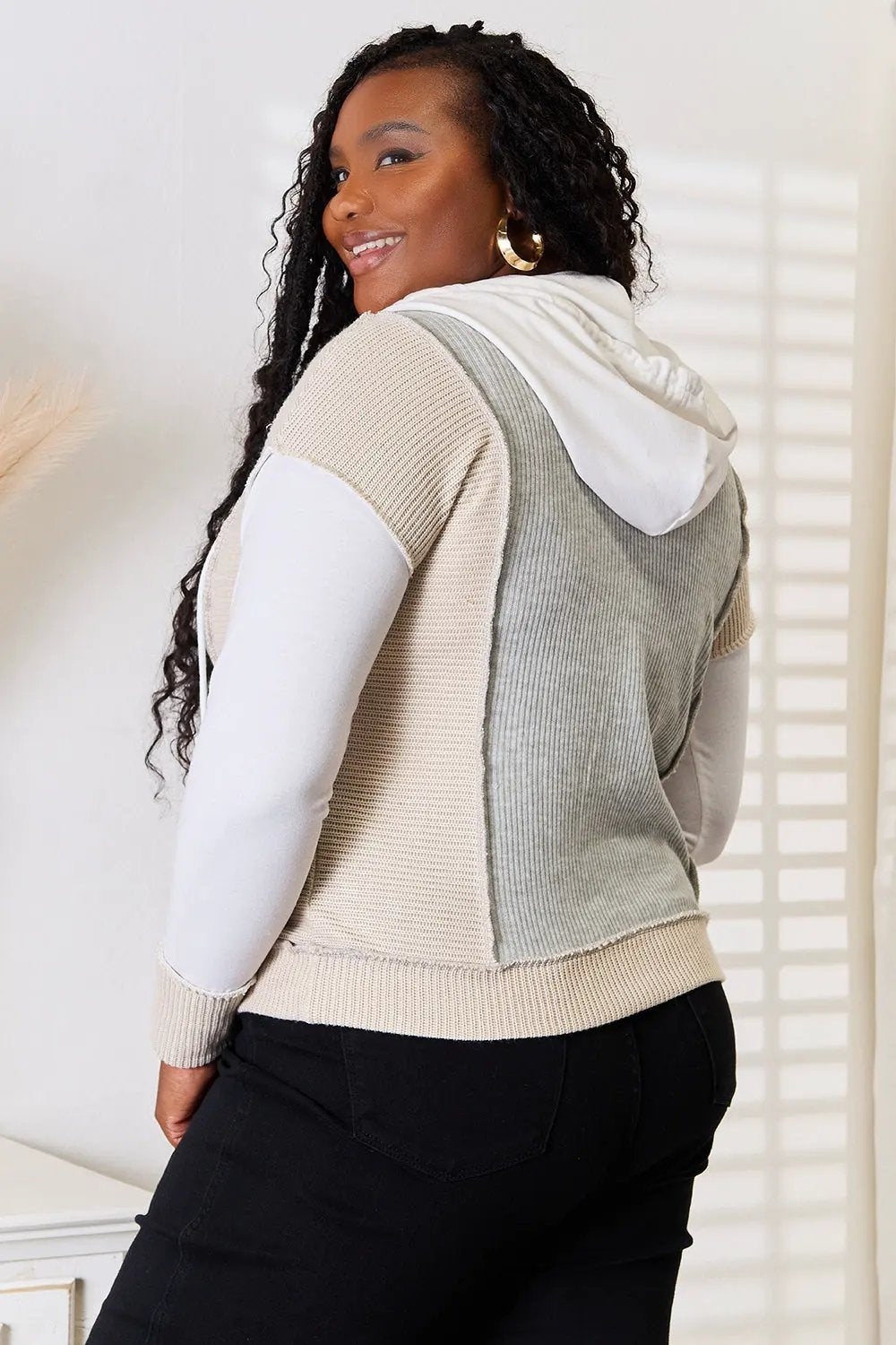 Double Take Color Block Exposed Seam Drawstring Hoodie by Double Take