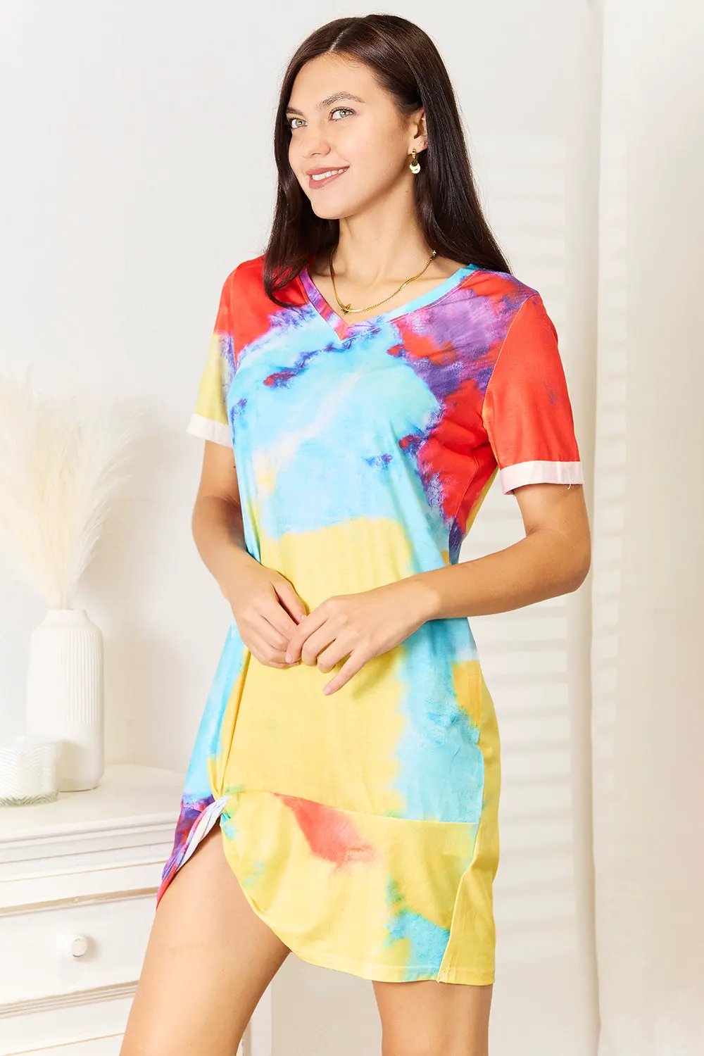 Shiny Tie-Dye V-Neck Twisted Dress by Double Take