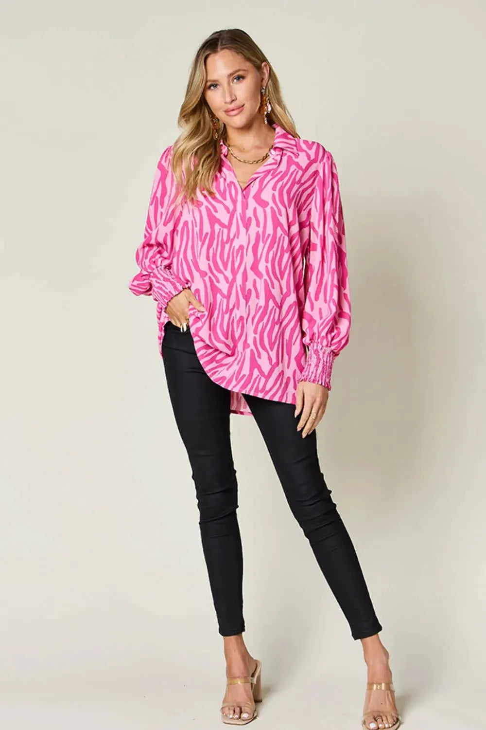 Double Take Full Size Printed Smocked Long Sleeve Blouse Plus Size by Double Take