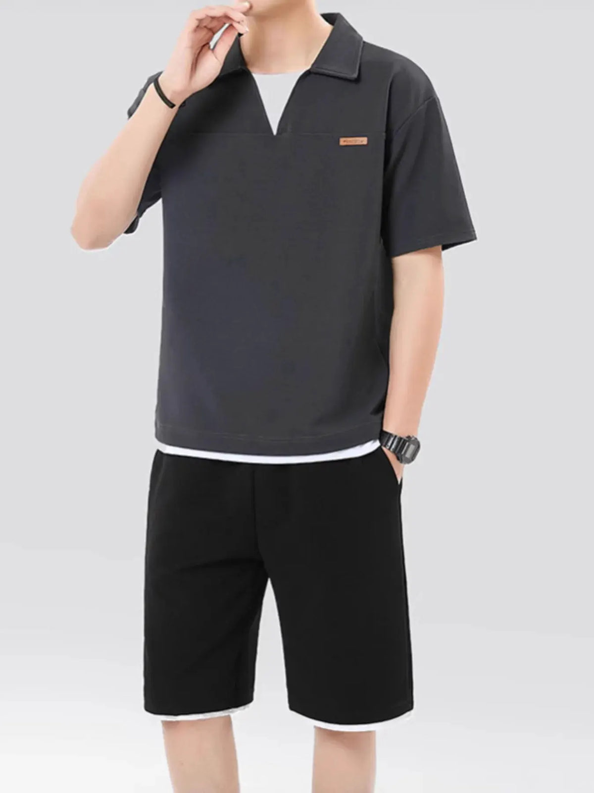 Men's Plus Size Johnny Collar Top and Shorts Set by Trendsi
