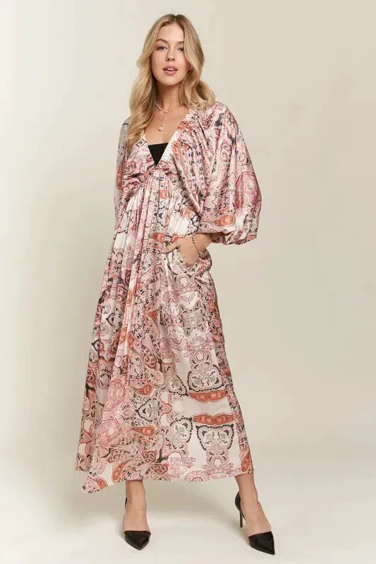 ADORA Printed V-Neck Batwing Sleeve Dress by Partner Label