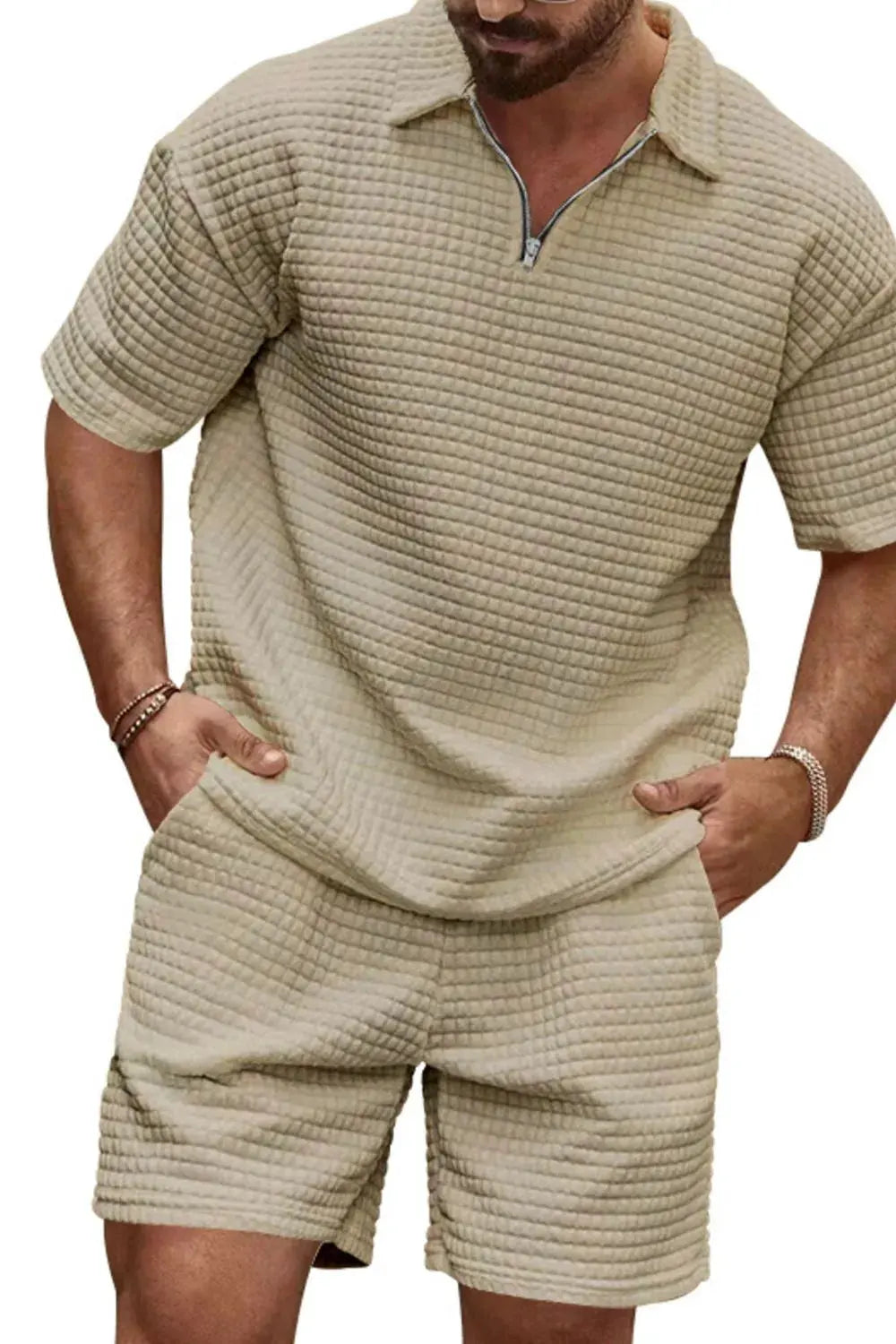 Men's Full Size Zip Collar Short Sleeve Top and Shorts Set Plus Size by Trendsi