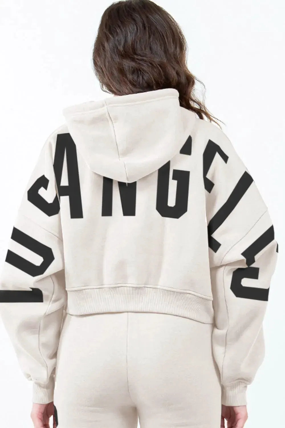 American Bazi Letter Graphic Long Sleeve Drawstring Cropped Hoodie by American Bazi