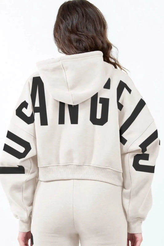 American Bazi Letter Graphic Long Sleeve Drawstring Cropped Hoodie by American Bazi