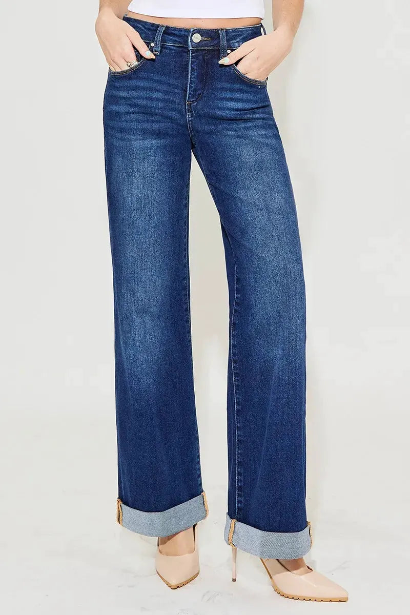RISEN Full Size Tummy Control High Rise Wide Leg Cuffed Jeans Plus Size by RISEN