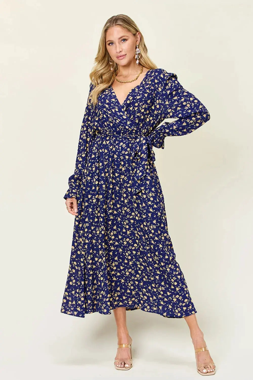 Double Take Full Size Tie Back Flounce Sleeve Dress by Double Take