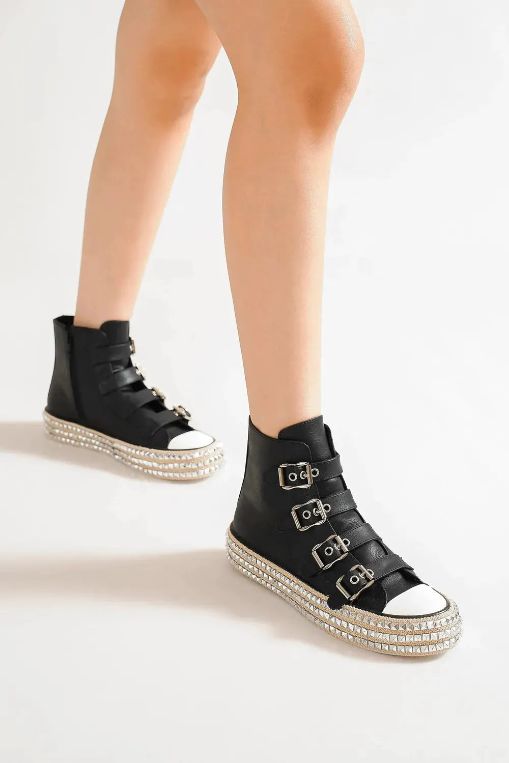 Beast Fashion Multi-Buckle Straps Studded Platform Sneakers by Beast Fashion