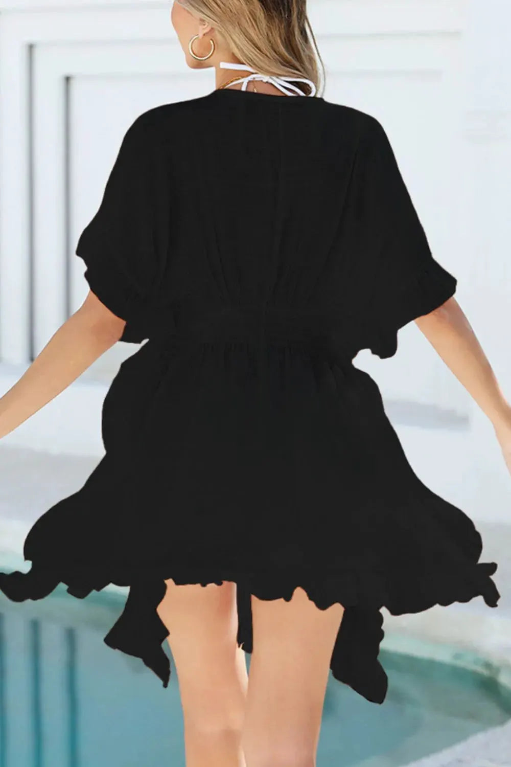 Ruffled Smocked Waist V-Neck Cover-Up by Partner Labels