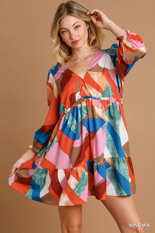 Umgee Abstract V-Neck Tiered Printed Dress by Umgee