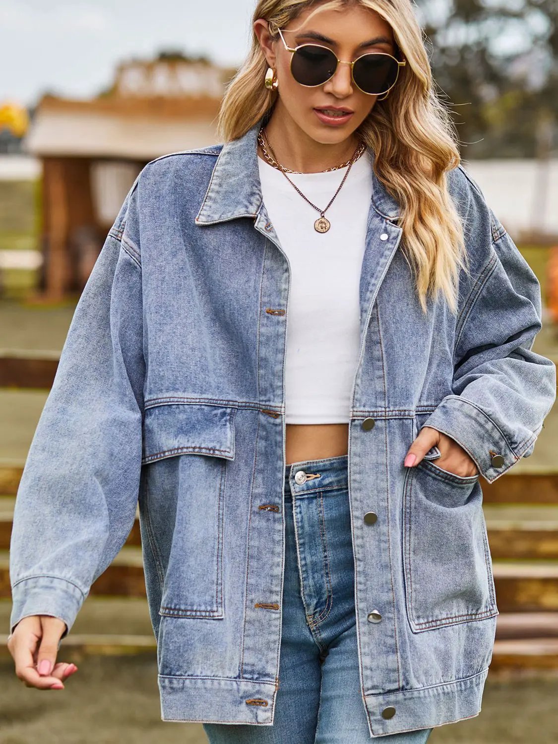 Dropped Shoulder Denim Jacket with Pockets by Partner Label