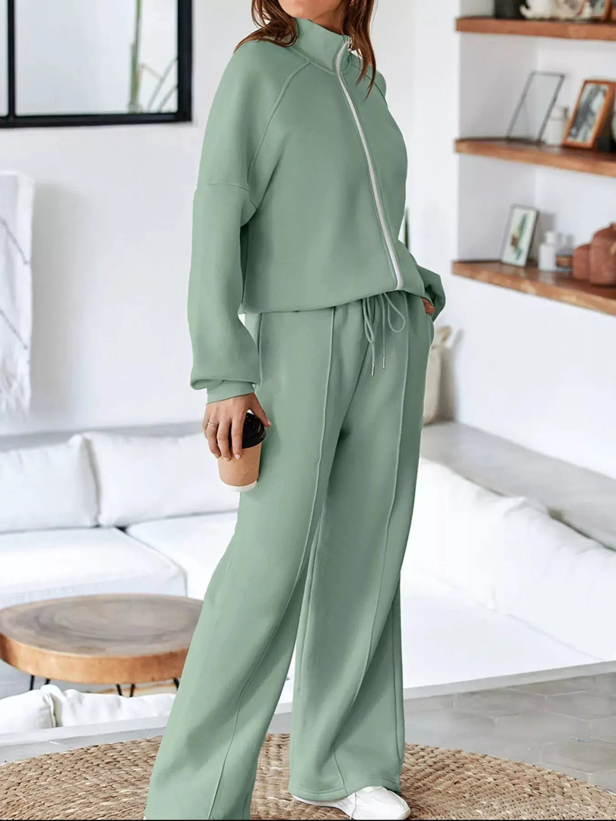 Drop Shoulder Zip Up Jacket and Drawstring Pants Active 2pcs Set by Partner Label