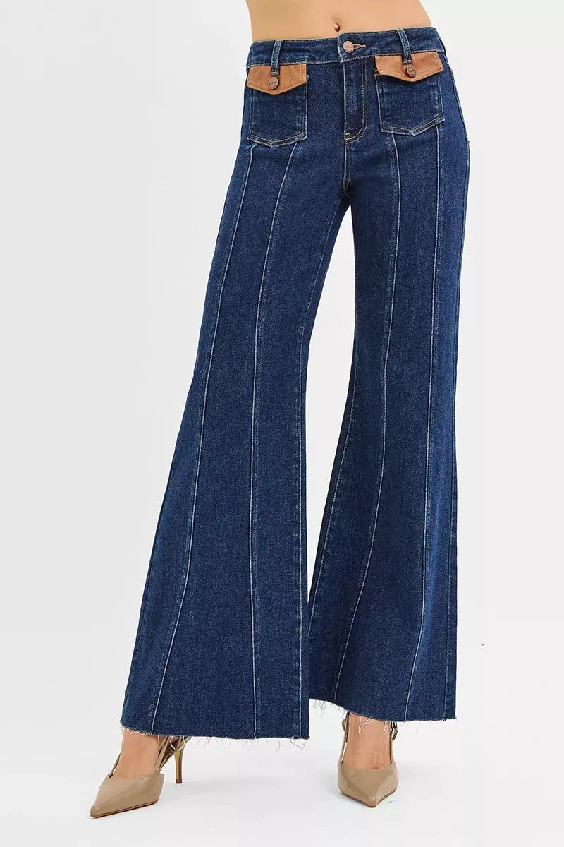 RISEN High Rise Wide Flare Jeans with Front Leather Pocket Detail by RISEN