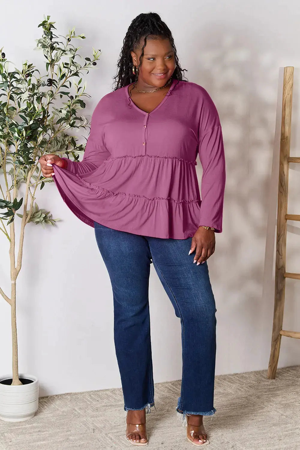 Double Take Half Button Long Sleeve Ruffle Hem Blouse by Double Take