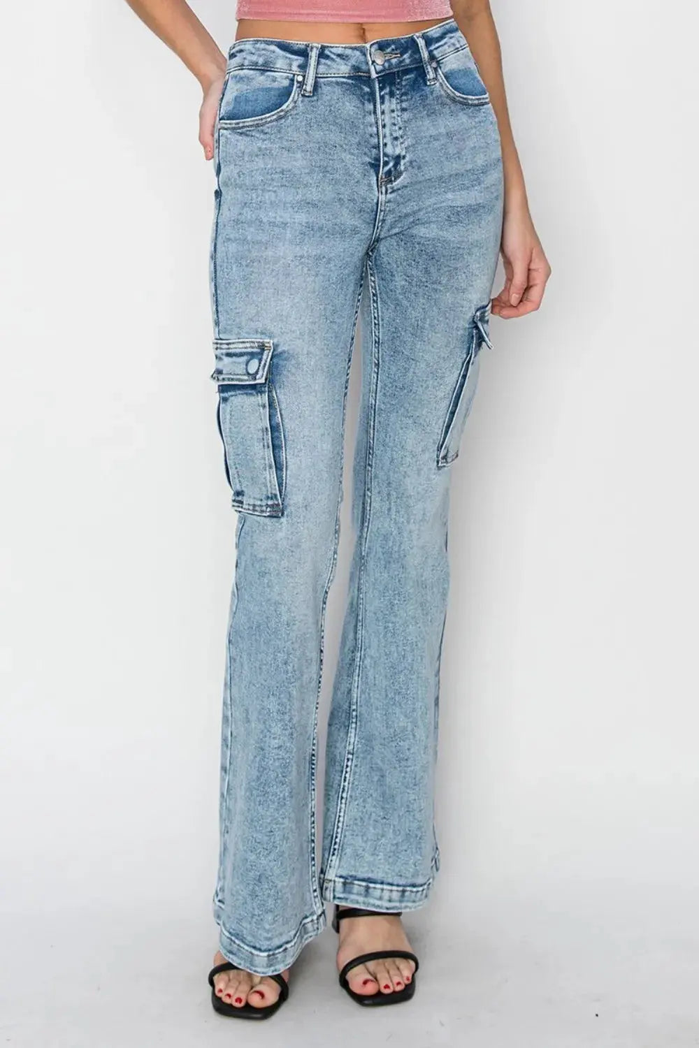 RISEN Full Size High Rise Cargo Flare Jeans by RISEN