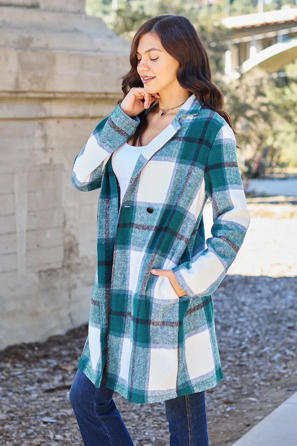 Double Take Full Size Plaid Button Up Lapel Collar Coat by Double Take