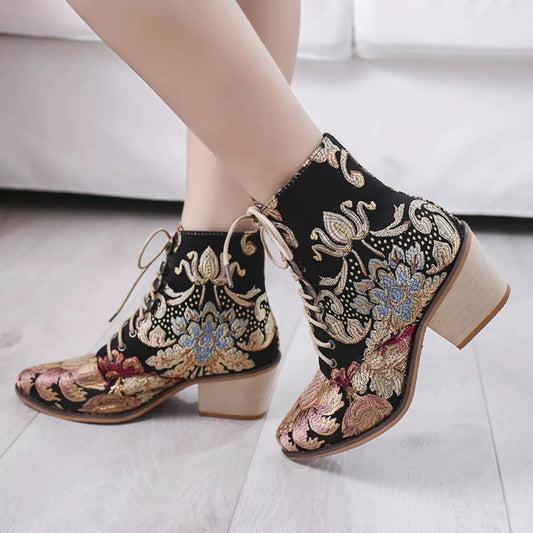 Embroidered Floral Lace-Up Ankle Boots by Partner Label